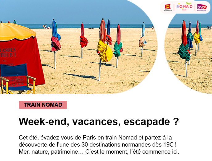 Billets de train NOMAD à 19 € au départ de Paris cet été : Caen, Mont St Michel, Le Havre...